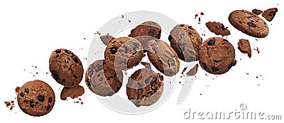 Falling broken chocolate chip cookies isolated on white background with clipping path Stock Photo