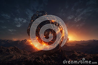 Falling burning asteroid scene, great life extinction moment on the planet, grand event, generated ai Stock Photo