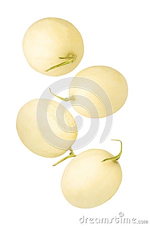 Falling Cantaloupe isolated on white background with clipping path, full depth of field. Stock Photo