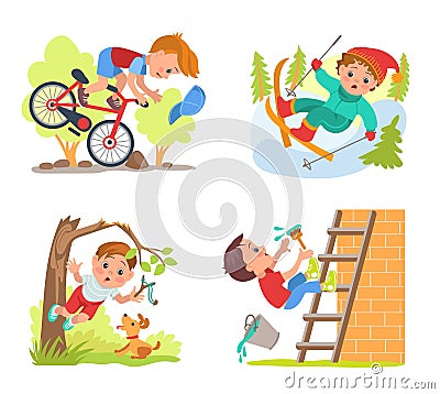 Falling children scenes. Frightened boys slip and fall down stairs. Teen person climbing tree or stepladder. Kids skis Vector Illustration