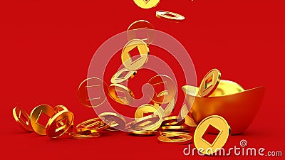 Falling Chinese lucky golden 3d coins. Cartoon Illustration