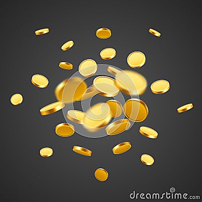 Falling coins, falling money, flying gold coins, golden rain. Jackpot or success concept. Modern background. Vector Illustration