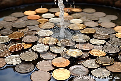 Falling coins in a water fountain. Selective focus on coins Stock Photo