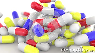 Falling colorful drug capsules or pills, shallow focus. 3D rendering Stock Photo