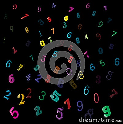 Falling colorful figures, numbers backdrop on black background Vector Illustration