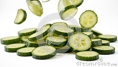 Falling cucumber slices isolated on transparent background. Stock Photo