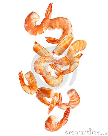 Falling delicious freshly cooked shrimps on white background Stock Photo