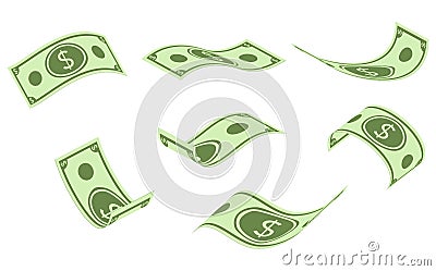 Falling dollar banknotes, money rain, flat illustration isolated on white background. American dollar falling set Cartoon Illustration