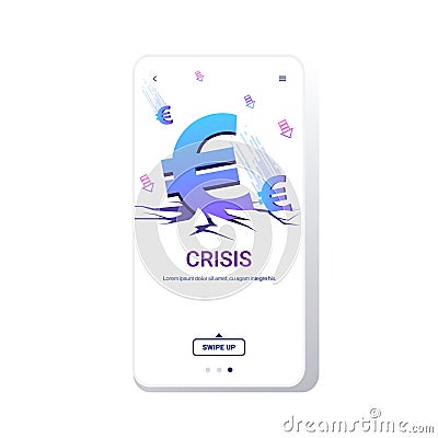 Falling down euro symbol financial crisis bankrupt investment risk currency decline budget collapse concept smartphone Vector Illustration