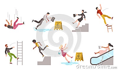 Falling down people. Tripping on stairs and drop from altitude, slipping wet floor, person injury, dangerous dropping Vector Illustration