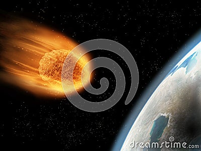 Falling down, pulled by gravity, its surface start getting burned. Armageddon conce Stock Photo