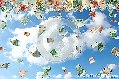 Falling Euro banknotes and blue sky. Money rain Stock Photo