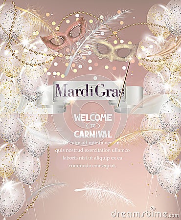 Falling feathers, beads, ribbon and carnival masks. Mardi Gras background. Vector Illustration