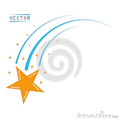 A falling flying star, a comet with a tail and Stardust. Vector flat style icon. Isolated background. Vector Illustration