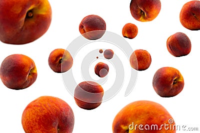 Falling fresh real peach isolated on white background. Selective focus Stock Photo