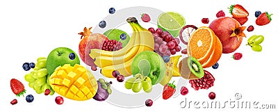 Falling fruit salad isolated on white background with clipping path, flying fruits and berries collection Stock Photo