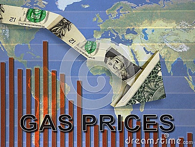 Falling gas prices chart and map Stock Photo