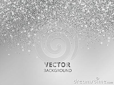 Falling glitter confetti. Vector silver dust, explosion on grey background. Sparkling glitter border, festive frame. Vector Illustration