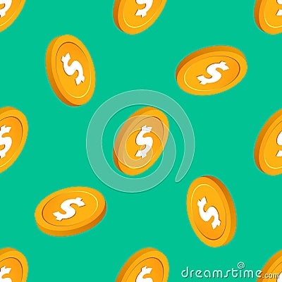 Falling gold cent bucks coins vector seamless pattern. Isometric golden usd money chips on mint background Stock Photo