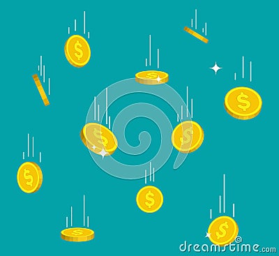 Falling gold coins in flat style. Money rain from sky. Flying golden bitcoin on isolated background. Droping dollar income. Symbol Stock Photo