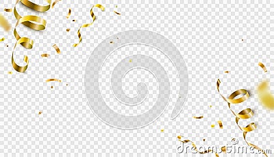 Falling gold confetti, serpentine ribbons isolated on transparent vector background. Glitter tinsel, shiny golden Vector Illustration