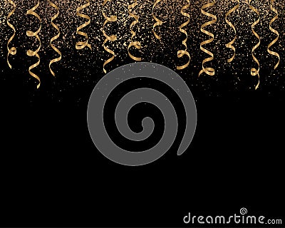 Falling gold curling ribbons or party serpentine with confetti isolated on black. Vector Illustration