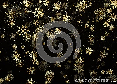 Falling Gold Snowflakes. Golden snowfall. New Year and Christmas pattern with golden snowflakes on black background. Vector Vector Illustration