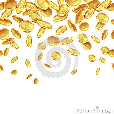 Falling golden coins. Gold money rain, dollar cash profits fortune casino prize many realistic flying coins. Vector Vector Illustration