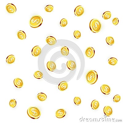 Falling golden coins isolated on white background. Shiny metal dollar rain. Casino jackpot win. Vector Vector Illustration