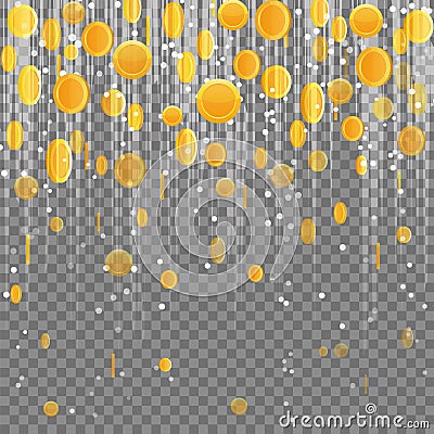 Falling golden coins light beam lens flare effect rain. Vector Illustration