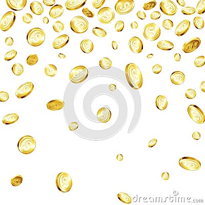Falling golden coins. Money rain. Big win casino. Jackpot background. Success in business and finances. Shiny metal coins. Vector Vector Illustration