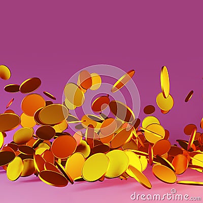 Falling golden coins neon background 3D render. Money explosion financial growth Jackpot casino Sale Profitable business Stock Photo