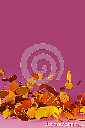 Falling golden coins neon background 3D render. Money explosion financial growth Jackpot casino Sale Profitable business Stock Photo