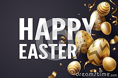 Falling Golden Easter egg and Happy Easter text celebrate Vector Illustration