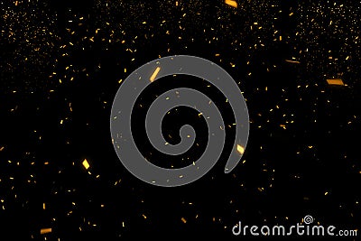 falling golden metallic glitter foil confetti, animation movement on black background, gold holiday and festive fun concept Stock Photo