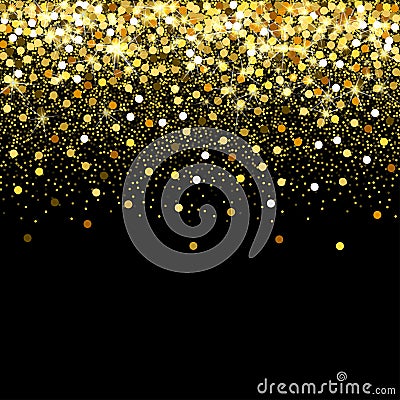 Falling golden particles on a black background. Scattered golden confetti. Rich luxury fashion backdrop. Bright shining Stock Photo