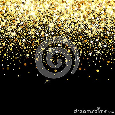 Falling golden particles on a black background. Scattered golden confetti. Rich luxury fashion backdrop. Bright shining Stock Photo