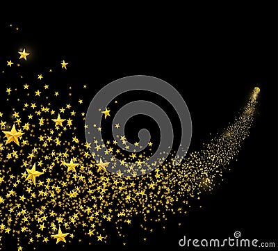 Falling golden stars, dust. Shooting star with rounded trail isolated on black Vector Illustration