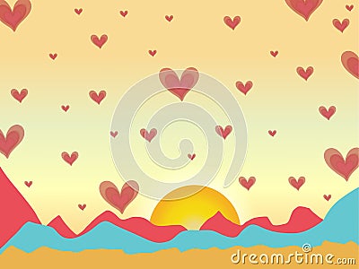 Falling heart with sunset and colorful mountain. Stock Photo