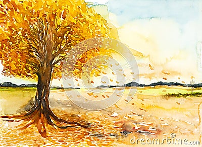 Falling leave landscape watercolor painted Stock Photo