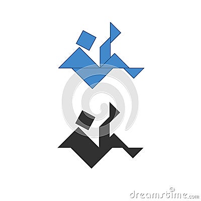 falling man Tangram. Traditional Chinese dissection puzzle, seven tiling pieces - geometric shapes: triangles, square rhombus , Stock Photo