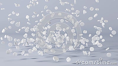 Falling medicine pills, lot of spilled white round tablets. Pharmacy industry Stock Photo