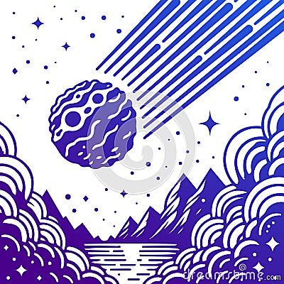 Falling Meteor with Trajectory. Flat Monochrome Style Vector Illustration