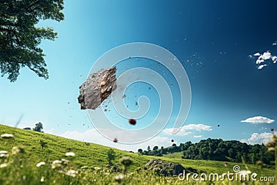 Falling meteorite over meadow with green grass Stock Photo