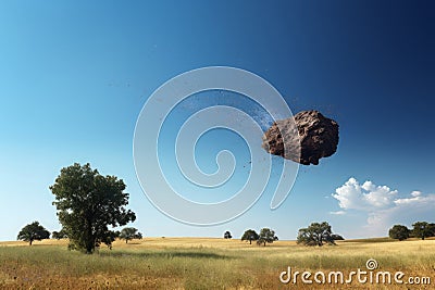 Falling meteorite over meadow with green grass Stock Photo