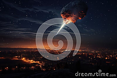 Falling meteorite over night city Stock Photo