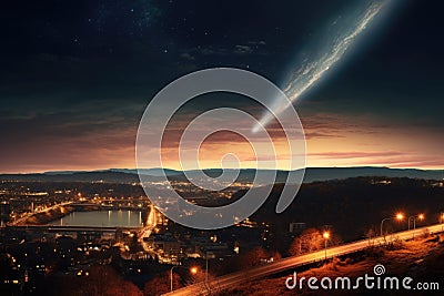 Falling meteorite over night city Stock Photo