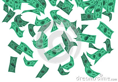 Falling money. Flying green banknotes isolated on white, flat cash confetti, lottery winning concept. Vector earning Vector Illustration