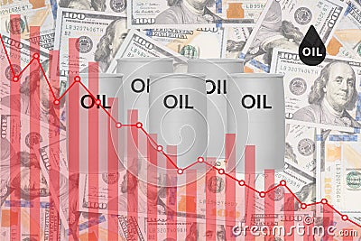 Falling oil price red chart on background of gray barrels dollar bill Stock Photo