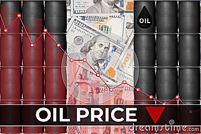 Falling oil price red chart and text on background of dark barrels dollar bill Stock Photo